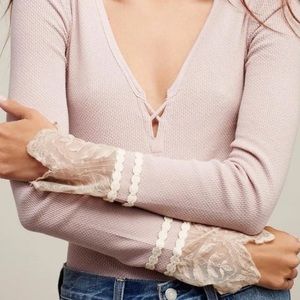 Free People Blush Pink Thermal with Cream Lace Cuffs
